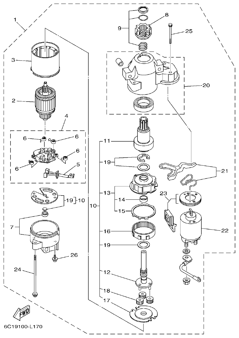 Yamaha F50HET, F60FET, F50HEHD, F60FEHT STARTING MOTOR parts diagram